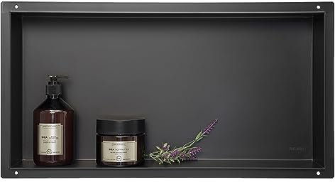 Balneo Wall-Box SENZA Bordo Parete Nicchia Doccia in Acciaio Inox 60x30x7cm, Nero, Impermeabile, per Utensili da Bagno, Flessibile, Sotto Le Piastrelle