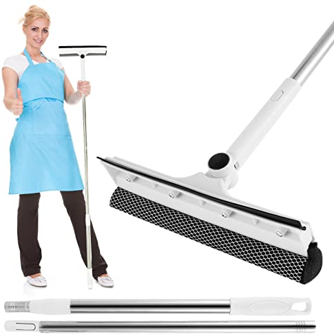 2 in 1 Raclette à Vitre Télescopique Professionnelle, 180° Rotative Lave Vitre avec 134cm Manche Télescopique Amovible en Acier Inoxydable, Kit Nettoyage Vitre pour Fenêtres Hautes