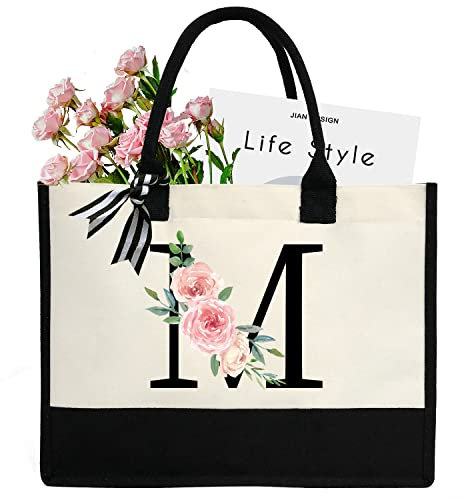 sundee Personalisierte Strandtasche aus Segeltuch mit Innentasche mit Reißverschluss, monogrammierte Geschenktasche für Hochzeit, Geburtstag, Urlaub, Schwarzer Buchstabe M, One Size