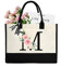 sundee Personalisierte Strandtasche aus Segeltuch mit Innentasche mit Reißverschluss, monogrammierte Geschenktasche für Hochzeit, Geburtstag, Urlaub, Schwarzer Buchstabe M, One Size