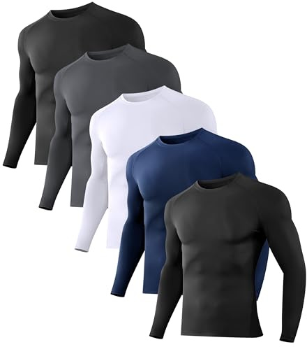 Dalavch 5 Pack Men's Compression Shirts Long Sleeve Athletic Workout Sports Undershirt Base Layer Top for Winter 2 Black 1 White 1 Gray 1 Blue Large