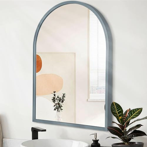 HLFMVWE Bogen Wand Spiegel Badezimmer Spiegel Metall gerahmt Spiegel, Gebogene Aluminiumlegierung Wand montiert Eitelkeitsspiegel für Schlafzimmer, Eingang, Wohnzimmer 45 x 65 cm Grau