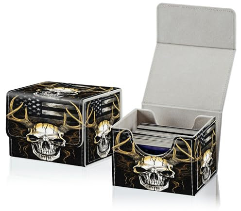 RWUTYTIUL Card Deck Box for MTG Cards, Card Storage Box Fits 100+ Sleeved Cards, PU Leather Large Size Strong Magnet Card Deck Case Holder for Board Game Magic MTG TCG CCG, American Flag Skull