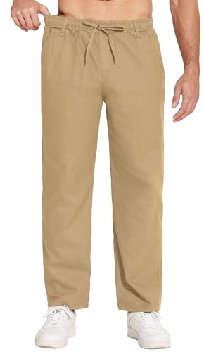 COOFANDY Jean extensible pour homme, coupe ample, coupe droite, taille élastique, avec cordon de serrage réglable, jean cargo classique basique, Sergé Denim-Kaki, L