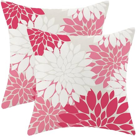CXMEIFLY Sommer-Outdoor-Kissenbezüge in Hot Pink / Weiß, 45,7 x 45,7 cm, Set mit 2 Stück, Blush Pink Dahlie, Blumendekor, moderne Geometrie, Blume, dekorative Kissenbezüge für Sofa, Couch, Bett,
