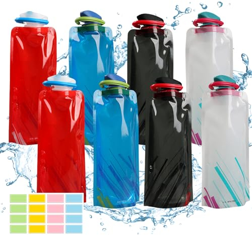 Elepl 8 Pezzi Borraccia Pieghevole 700 ml Riutilizzabile Bottiglia Pieghevole Borraccia Morbida con Clip Borraccia Morbida per Sport All'aperto Ciclismo Escursionismo Viaggi