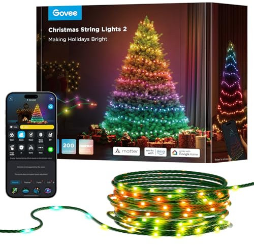 Govee Christmas String Lights, Christmas Decorations Indoor, 20M RGBWIC Lights with 200 LED Lights, Shape Mapping Technology, App Control with 130+ Dynamic Scene Modes, Sync with Music, Green Cables