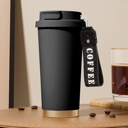 APOMOONS 530 ml Mug Isotherme Cafe to-go avec sangle et Tasse de voyage sans BPA 0.53 litre avec isolation Tasse thermique étanche en acier inox scellée résistante Tazza da caffè to go (noir)