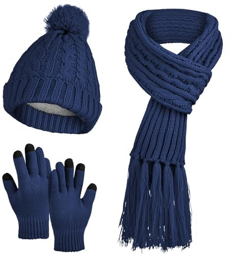DiaryLook Mütze Schal Winter Handschuhe sets für Damen Strick set Fleece Loop Damen Schals Winterschal Knitted Pom Pom,CapNavy Blue