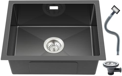 ROVOGO 400 x 500 mm Black Undermount Kitchen Sink with Basket Strainer Waste and Overflow Kit, Handmade Stainless Steel Kitchen Sink, 1 Bowl Rectangular