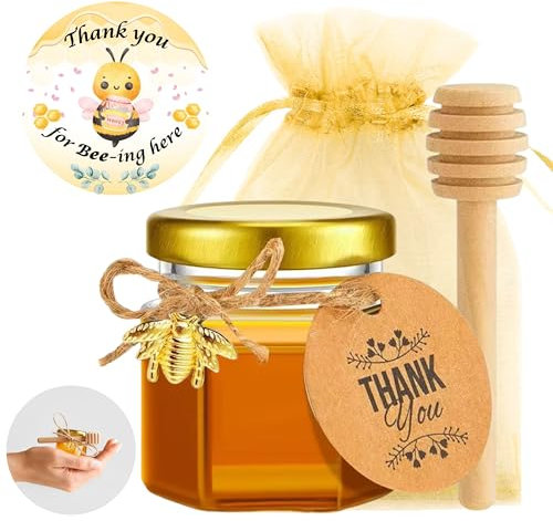 Luna & Dina 50 Stück mini Honiggläser mit goldener Deckel, Honiglöffel, Biene, Dankesetikett, Schnur, Organzabeutel, Aufkleber, Hochzeitsgeschenk für Gäste (Premium)