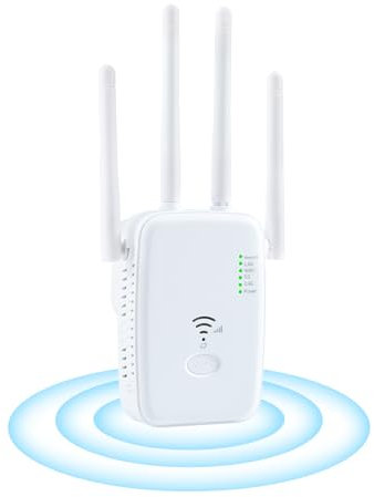 Wifi Extender Booster with Ethernet Port, Wifi Repeater 1200Mbps, 4 Antennas Broadband Internet Booster Dual Band 5GHz/2.4GHz Home WiFi Signal Booster, Repeater/Router/AP Mode, Quick Setup, UK Plug
