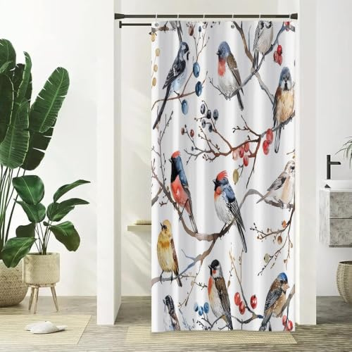 Xiaoterna Blumen Vogel Duschvorhang Vögel Zweig Zweig Braun Bäume Ölgemälde Badezimmer Vorhang Aquarell Vogel Baum Duschvorhang Wasserdichtes Tuch Stoff Badezimmer Dekoration mit Haken 90x180cm