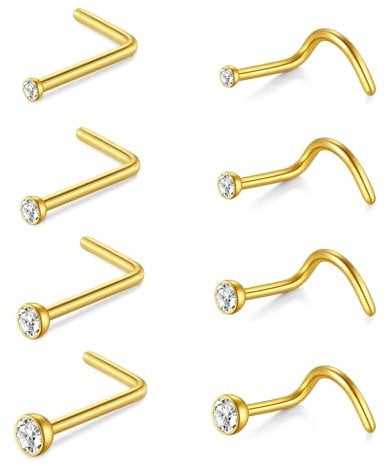 AceFun nose studs,8pcs 20G gold nose stud L shaped stainless steel diamond small l shape nose stud for women men corkscrew nose rings nose piercing studs screw clear CZ