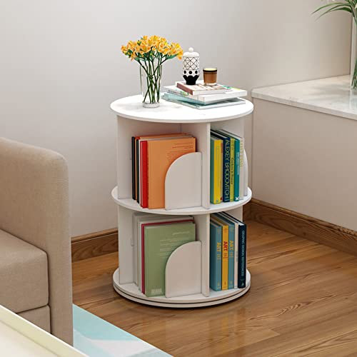 Brride Rundes Drehbares Bücherregal 2 Ebenen 360° Drehregal Standregal Weiß Aufbewahrungs-Display, Multifunktionales Lagerregal für Haus Wohnzimmer Studie Büro (2 Ebenen)