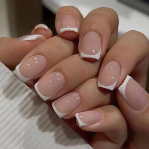 Generic French Tip Square Short False Nails, 24 PCS Stick On Nails with Glue, Reusable Fake Nails for DIY Manicure, Elegant and Natural Look for Women DIY Nail Art, Parties Weddings Daily