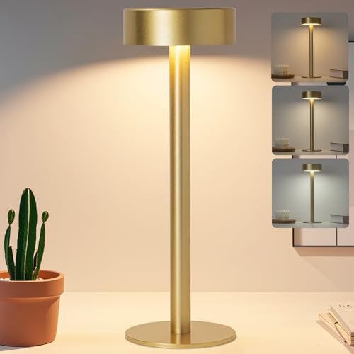 Briever Cordless Table Lamp, Rechargeable Battery Operated Lamp with 3 Colors Stepless, Dimmable LED Desk Lamp for Restaurant, Portable Touch Lamp for Living Room, Bedroom, Patio, Camping (Gold)