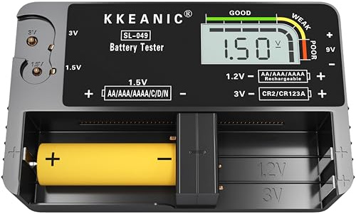 KKEANIC Battery Tester SL-049 - Professional Digital Battery Checker with LCD Display for Household AA, AAA, AAAA,C, D, 9V, CR123A,1.2V Rechargeable,Button Cells. Compact. Load-Tested. Clear