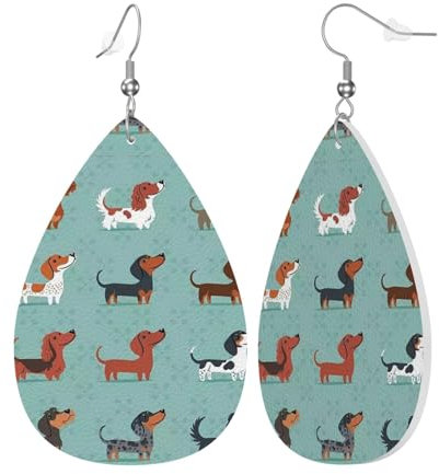 Damen Leder Wassertropfen Ohrringe Tropfenform baumeln Ohrring Wurst Hund Dackel Schmuck Geschenk für Partys Urlaub, Einheitsgröße, Leder