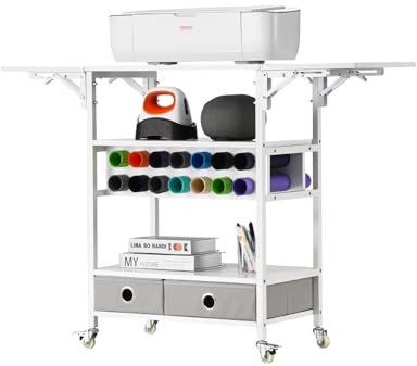 VEVOR Bastelwagen Servierwagen mit Faltbarer Tischplatte, kompatibel mit Cricut-Maschinen, rollender Bastel-Aufbewahrungswagen mit 14 Vinylrollen-Halterungen & 2 Schubladen, Bastel-Organizer Weiß