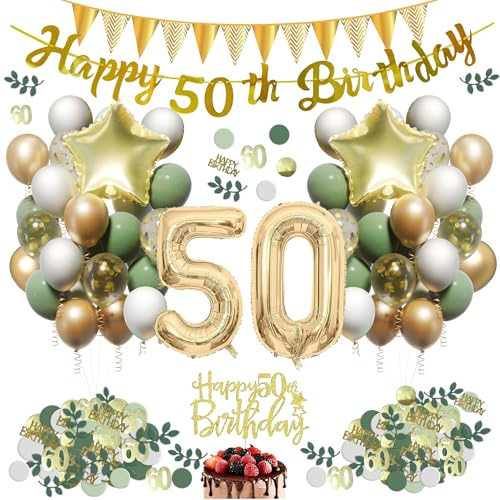 50 Geburtstagsdeko Frau, Salbeigrüne 50. Geburtstag Deko Mann，Grün Weiß Gold Luftballon Party Zubehör Set mit 44 Ballon, Happy Birthday Banner, Flaggen, Tortendeko usw
