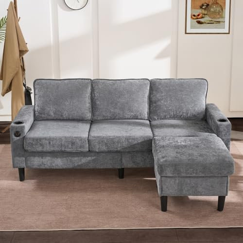 Zubaliya Canapé d'angle Moderne avec Ports USB et Type-C, canapé 3 Places avec Deux Porte-gobelets et Repose-Pieds,pour Le Appartement,Salon et Chambre (Gris)