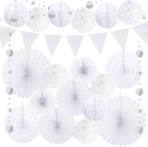 Gibocot 20 Pcs White Paper Decorations for Wedding, White Pom Poms Flower Honeycomb Balls Hanging Paper Fans for House Garden Beach Wedding Decoration