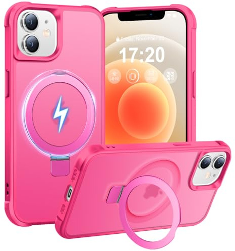 BENTIACC Coque pour iPhone 12/12 Pro Magnétique Support 120°, Rose Vif | N52 2800G, choc militaire, anti-rayures, anti-empreintes, antidérapant, résistant à la poussière – mains libres