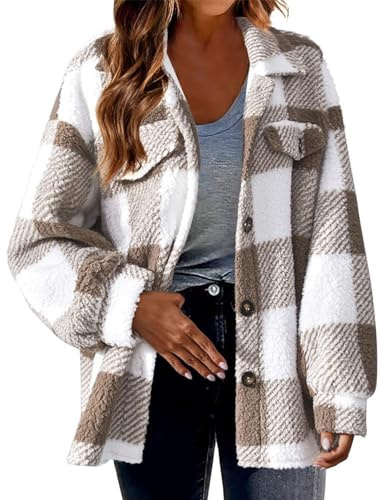 Giacca in Pile Donna Cappotto Stampato a Quadri Giacche Collare di Ribaltamento Cardigan Maniche Lunghe Giacca Una Fila Pulsanti Blazer Inverno Caldo Maglia Taglie Forti Casuale Cappotto