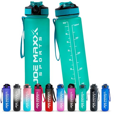 Joe Maxx Sports Athletica Gourde de sport, 1000 ml, sans BPA, anti-fuite, avec graduation et marquage du temps, avec bouchon à une main, idéale pour le fitness, l'extérieur, le bureau, verte