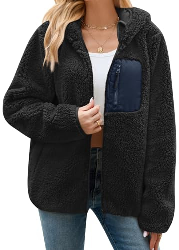 Tuopuda Teddyfell Jacke Damen Herbstjacke Fleecejacke Warme Fleecemantel Damen Kapuzenpullover Zipper Hoodie Plüschjacke mit Taschen (Schwarz,XL)