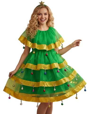 Acrawnni Christmas Tree Costume for Women Christmas Tree Layered Ruffle Tulle Dress with Accessories for Cosplay Party Outfit (A-green, M)