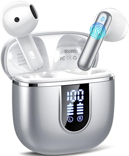 Wireless Earbuds, Bluetooth 5.4 Earphones In Ear Hi-Fi Stereo Deep Bass, Bluetooth Headphones with 4 ENC Noise Cancelling Mic, 40H Playback IP7 Waterproof Earbuds Comfortable Earbuds for Work Sliver
