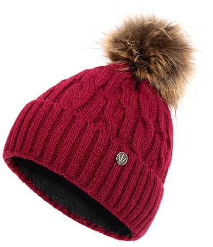 HEYO Damen Wintermütze mit Fleece Innenband H18527 | Slouch Beanie Winter Mütze | Warme Strickmütze mit Bommel | Bommelmütze (Weinrot)