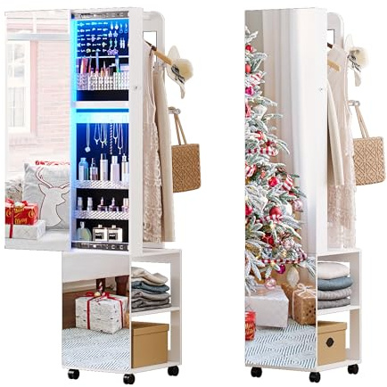 Gurexl Schmuckschrank mit Beweglicher Ganzkörperspiegel,360° Drehbarer Schmuck Spiegelschrank mit 6 LEDs,Stehendstehender Schmuck-Organizer mit 1 Kleiderständer und 3 Stufige Ablageflächen,Weiß