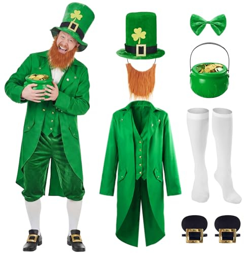Shihanee 9 Pcs St. Patrick's Day Leprechaun Costume Outfit Men Suit Hat Beard Bow Tie Brooch Socks Shoes Buckle Pot 100 Coins