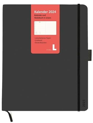 Kombitimer 2024 groß. Schwarzer Terminkalender 2024. Buch-Kalender mit Lesebändchen und Gummiband. Großer Taschenkalender zum Planen von Terminen.