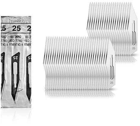 Lot de 50 lames de scalpel figure 25 en acier au carbone pour support de scalpel n° 4 - Lames de rechange emballées stériles - Avec extracteur de lame
