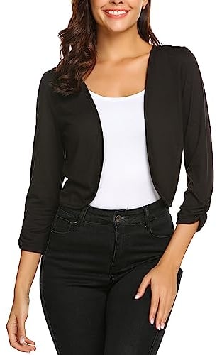 Parabler Damen Bolero Schwarz Shrug Kurz Strickjacke Leichte Elegant 3/4 Ärmel Cardigan Casual Festlich Bolerojacke Frühling Sommer M