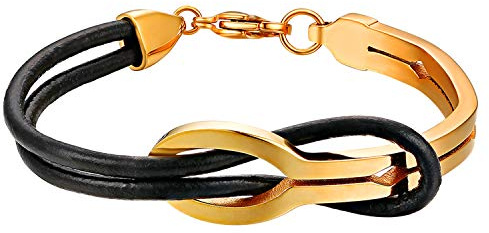 Cupimatch Leder Damen Herren Armband, Retro Infinity Unendlichkeit Lieben Zeichen Armreifen, 23cm Verstellbaren Größen, schwarz Silber