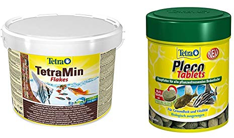 TetraMin Hauptfutter für alle Zierfische in Flockenform, 10 L Eimer & Pleco Tablets – Nährstoffreiches Hauptfutter für alle pflanzenfressenden Bodenfische (z.B. Welse), Verschiedene Größen