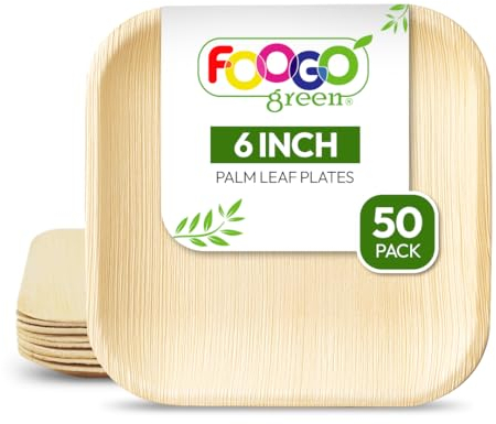 FOOGO Green 50 Piatti Monouso in Foglia di Palma, Piccoli e Quadrati da 15 cm, Biodegradabili e Compostabili, Adatti per Pietanze Calde, come Legno, Bambù e Carta, per Matrimoni, Picnic e Feste