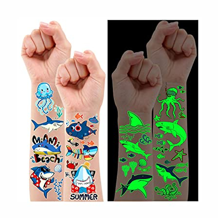 Leesgel Tattoo Kinder Hai Spielzeug, 12 Blatt Leucht Hai Temporäre Tattoos Aufkleber Kinder für Geburtstagsdeko Jungen, Unter dem Meer Deko Geburtstag Mitgebsel Kindergeburtstag Gastgeschenke Kinder
