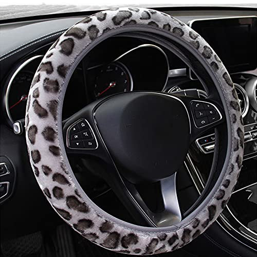 Leopard Lenkradbezug,MoreChioce Universal Auto Plüsch Lenkradhülle Winter Lenkradschoner Warm Rutschfeste Lenkradbezug Teleskop Lenkradabdeckung Bequem Lenkradschutz für 14-15,5 Zoll Lenkrad,Grau