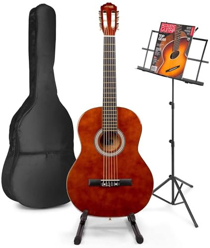 MAX SoloArt Guitarra Clásica Española - Set de inicio completo con soporte, atril, funda, afinador digital, cuerdas de repuesto, púas y correa - Ideal para principiantes y músicos avanzados
