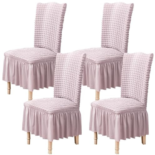 Qubjus Lot de 4 housses de chaise pour salle à manger - Extensible - Avec jupe amovible - Lavable - Pour cuisine, maison, fête, mariage - Rose