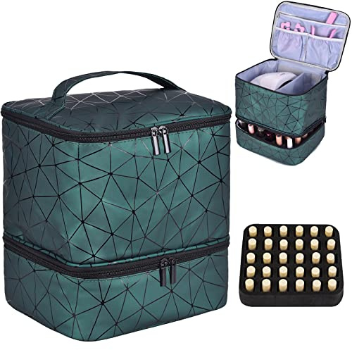 Nail Polish Organizer and Nail Lamp Case, Nail Kit Organizer Holds 30 Bottles (15ml - 0.5 fl.oz) and a Nail Lamp, Nail Polish Carrying Case with Manicure Tools Storage Sections, A-Green, Big Case for