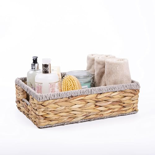 Shallow Woven Water Hyacinth Organiser Storage Baskets Wicker Hamper with Handles Gift Bathroom Toys Storage Basket (Small)