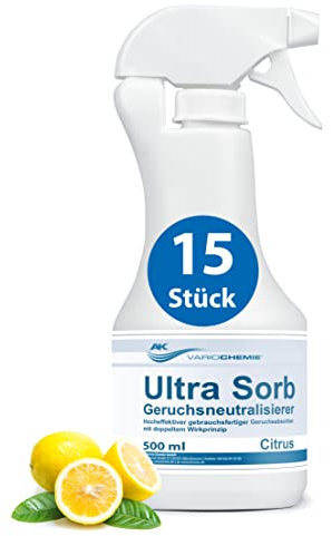ULTRA SORB Citrus Geruchskiller - Geruchsneutralisierer für Extremfälle - Geruchsentferner absorbiert hartnäckige Gerüche - Geruchsvernichter direkt anwendungsbereit - AK VARIOCHEMIE, Made in Germany
