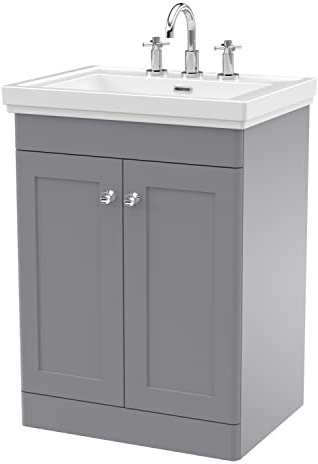 nuie CLC225B Classique Traditional Bathroom Floor Standing 2 Door Vanity Basin Unit with 3 Tap Hole Fireclay Basin, 600mm, Satin Grey